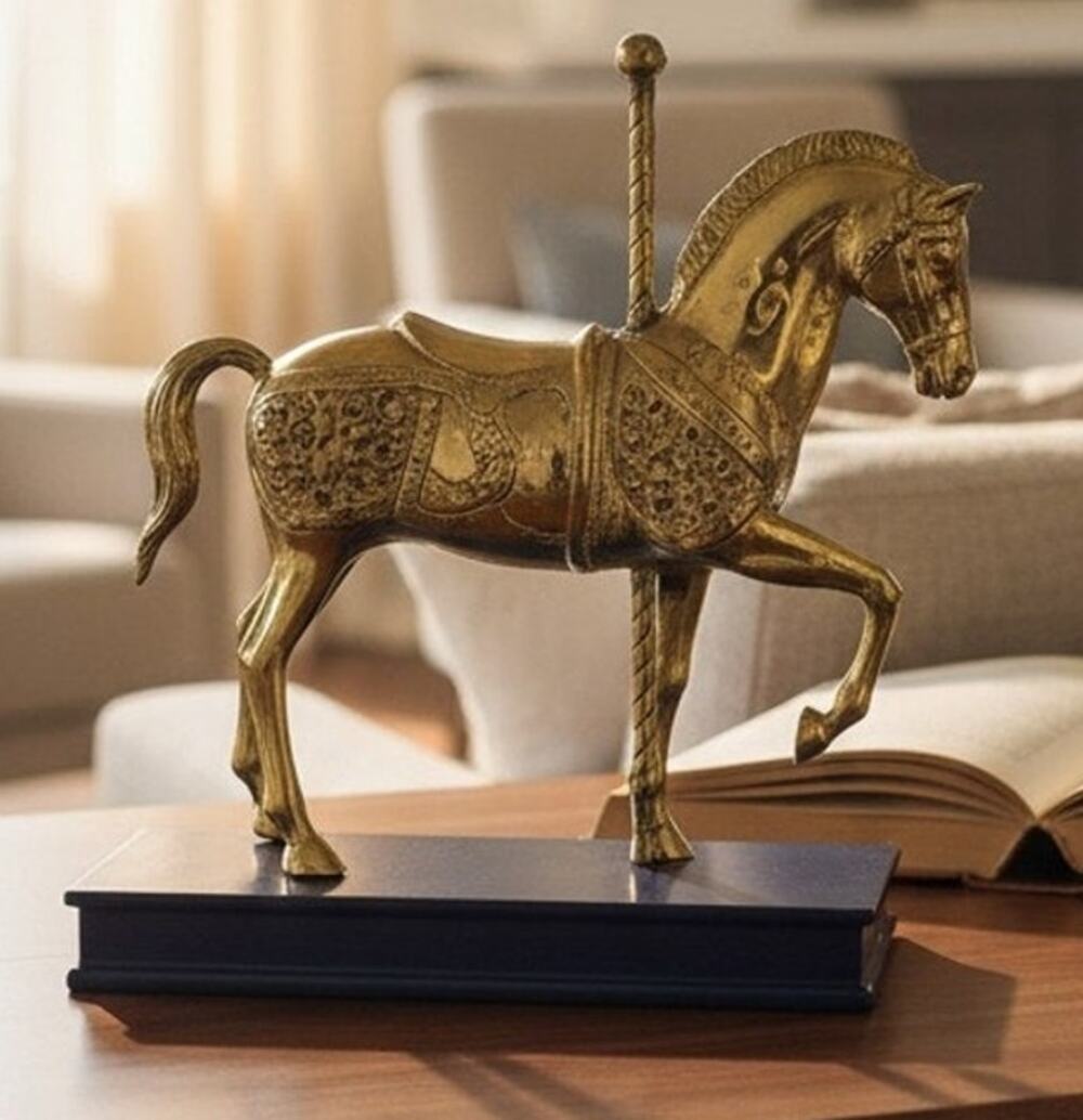 Wildwood Accents Brass Carousel Horse Figurine Lacquer Wood Base 9x10.5" Vintage